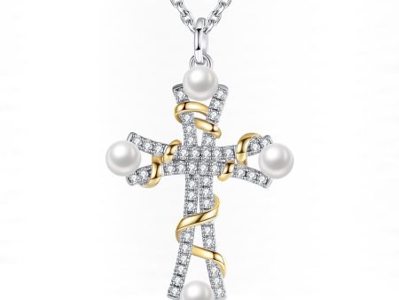 Pearl Cross Pendant Necklace Jewelry Gift on Sale