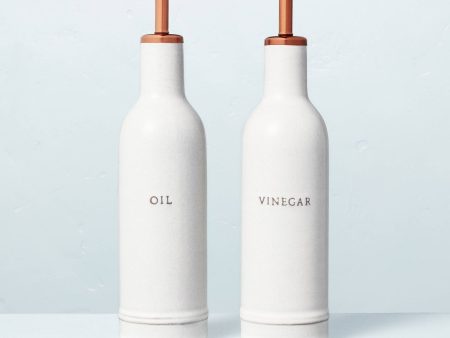 2pc Oil & Vinegar Stoneware Bottle Set Cream Copper Online Hot Sale