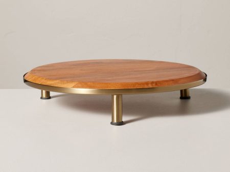 12  Wood & Brass Round Footed Serving Stand For Discount